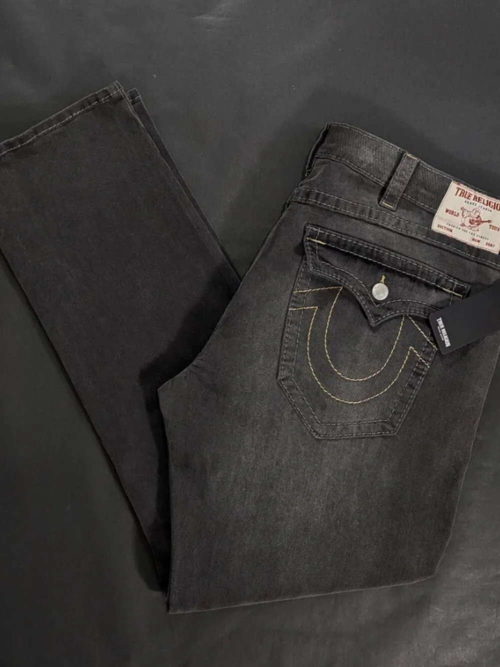 $204 True Religion Ricky Flap Relaxed Straight Jeans Size 44 44x34 Grey